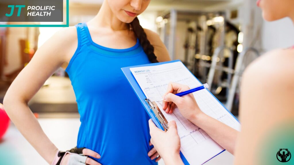 Gym beginner working out under guidance of personal trainer at Prolific Health, a fitness service.