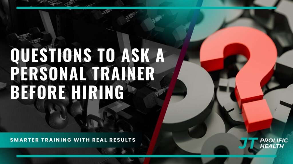 Questions to ask a personal trainer before hiring, featuring dumbbells and a prominent red question mark, emphasizing personalized fitness guidance from Prolific Health.