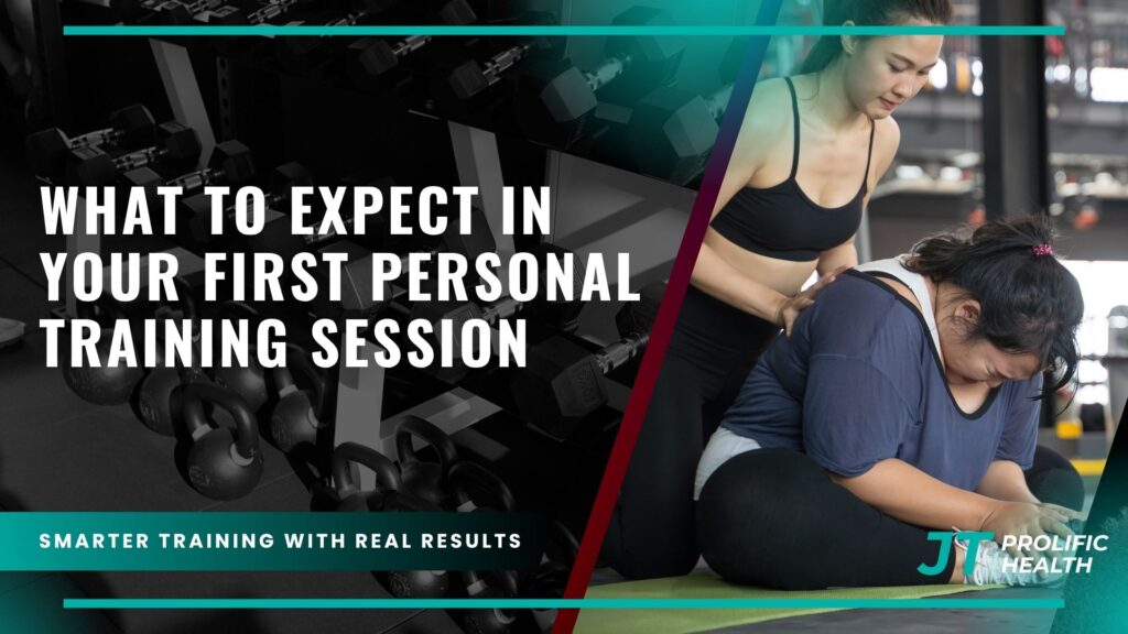 Personal trainer assisting client during first training session, emphasizing personalized fitness experience with weights in background, Prolific Health branding.