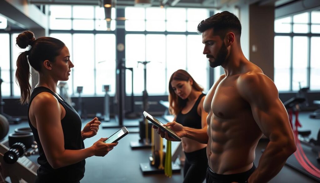 A dimly lit, modern fitness studio with sleek, minimalist decor. In the foreground, a personal trainer carefully assesses a client's body composition using digital tools, their focused expressions conveying the personalized, data-driven nature of the assessment. The middle ground features various exercise equipment, from free weights to resistance bands, hinting at the tailored workout plan to come. The background showcases floor-to-ceiling windows, allowing natural light to filter in and creating a sense of openness and wellness. The overall mood is one of professionalism, attention to detail, and a collaborative approach to achieving the client's fitness goals.