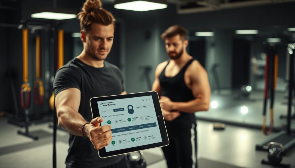 A dimly lit, modern fitness studio with sleek, minimalist equipment and a stylish, contemporary aesthetic. In the foreground, a personal trainer showcases a tablet displaying a custom workout program, surrounded by an array of resistance bands, kettlebells, and other specialized training tools. The middle ground features a client intently following along, their expression one of focus and determination. The background is softly blurred, conveying a sense of privacy and personalization, with just enough detail to suggest a clean, well-appointed space. The overall mood is one of professionalism, expertise, and a tailored, high-quality fitness experience.