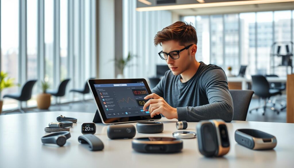 A sleek, modern office setting with a focus on fitness technology. In the foreground, a person sits at a desk, intently studying a tablet device displaying real-time biometric data and workout recommendations. The middle ground features an array of state-of-the-art fitness gadgets, from heart rate monitors to smart fitness trackers, all connected to a central hub. The background showcases floor-to-ceiling windows, allowing natural light to flood the space and create a bright, energetic atmosphere. The overall scene conveys a sense of seamless integration between digital wellness tools and personalized fitness support, empowering the user to achieve their health and fitness goals.
