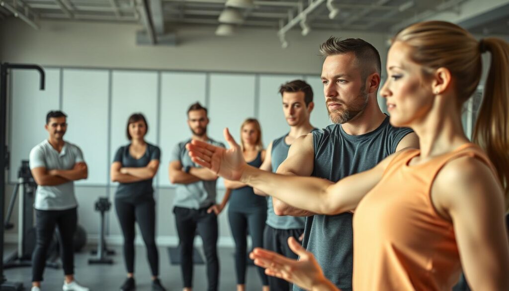 A team of experienced personal trainers stands in a well-equipped fitness studio, showcasing their expertise. In the foreground, a trainer demonstrates proper exercise technique to a client, their movements captured in a sharp, cinematic angle. In the middle ground, other trainers observe and provide guidance, their expressions focused and attentive. The background features a modern, minimalist design with sleek, state-of-the-art equipment, creating a professional and inspiring atmosphere. Soft, natural lighting accentuates the trainers' confident poses and the client's engaged expression, conveying a sense of trust, guidance, and expertise.