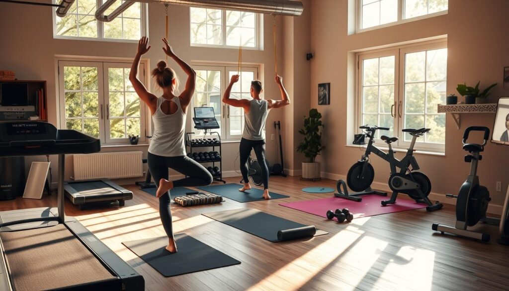 A well-equipped home gym with a variety of exercise equipment, including a treadmill, stationary bike, free weights, resistance bands, and yoga mats. The scene is bathed in warm, natural lighting filtering through large windows, creating a cozy and inviting atmosphere. The layout is organized and spacious, allowing for multiple workout routines. In the foreground, a person is engaged in a dynamic yoga pose, showcasing the flexibility and balance benefits of online personal training. The middle ground features a person lifting weights, demonstrating the strength-building aspects. In the background, a person is cycling on the stationary bike, highlighting the cardiovascular fitness advantages. The overall impression conveys the diverse and customizable nature of virtual personal training.