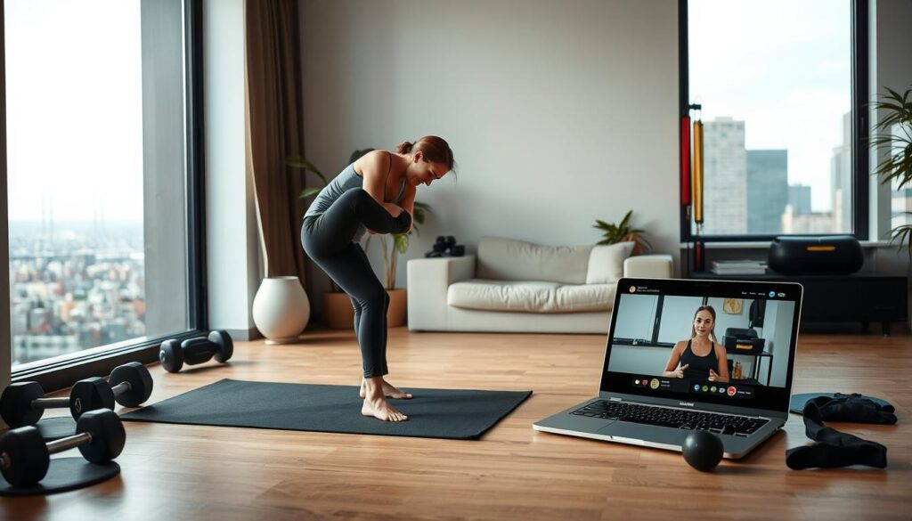 A well-lit home gym setting with a person in the foreground performing a flexibility routine on a yoga mat. The middle ground features various fitness equipment like dumbbells, resistance bands, and a sleek laptop displaying a virtual personal training session. The background showcases a large window with a scenic city skyline, conveying a sense of urban convenience and accessibility. The overall mood is one of balance, control, and seamless integration of digital and physical fitness elements.