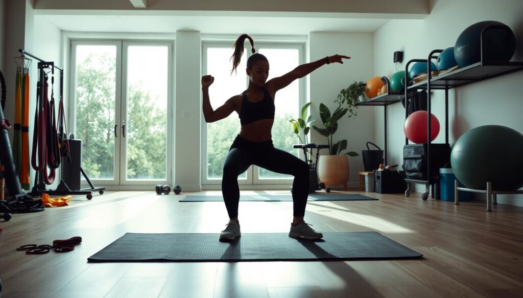 A well-equipped home gym with a variety of bodyweight exercise equipment, including resistance bands, yoga mats, and balance balls, set against a bright, airy background with natural lighting from large windows. A person performing a dynamic squat, their silhouette captured in motion, demonstrating the versatility and adaptability of a bodyweight fitness routine. The scene exudes a sense of energy, focus, and the pursuit of a healthier lifestyle.