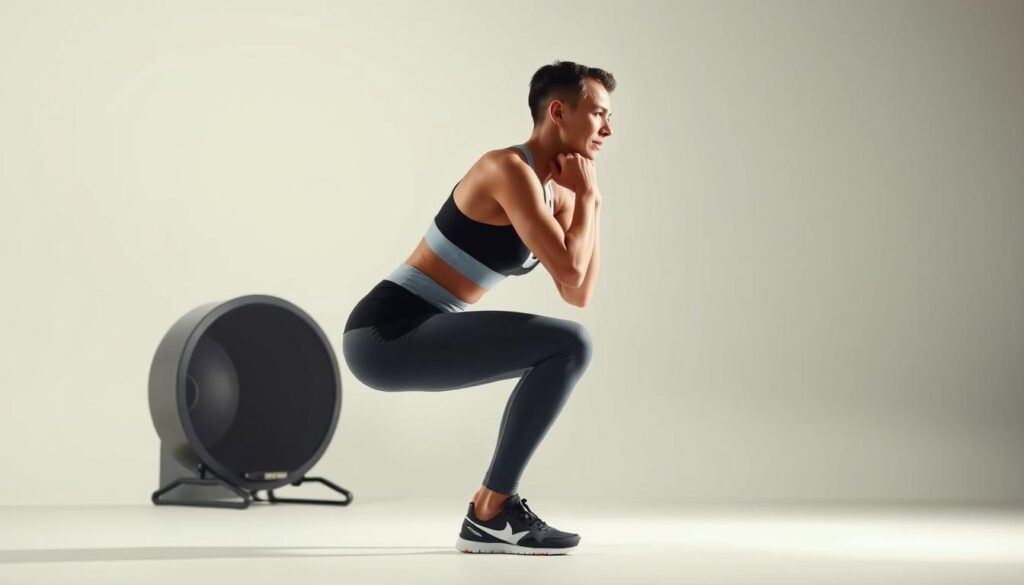A well-lit, studio-quality photograph of a person performing a proper bodyweight squat exercise. The subject is centered in the frame, dressed in form-fitting athletic wear, with their feet shoulder-width apart, knees bent, and hips lowered until their thighs are parallel to the ground. The pose showcases correct body alignment, with the chest up, shoulders back, and core engaged. The background is a simple, clean setting, with soft, even lighting from multiple angles, capturing the exercise's clean lines and proper technique. The overall mood is instructional, highlighting the fundamentals of this essential bodyweight movement.