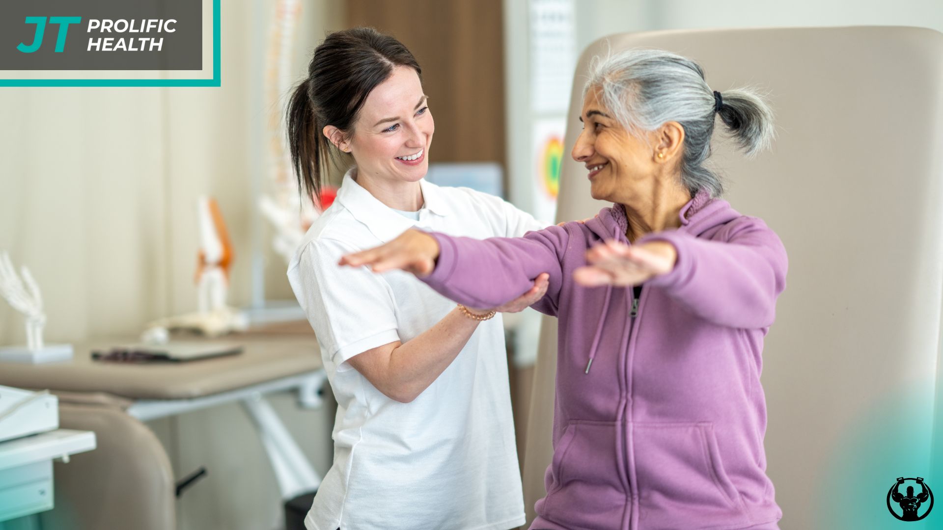 Physiotherapist assisting a woman in a purple hoodie with arm exercises, promoting flexibility and range of motion at Prolific Health clinic.