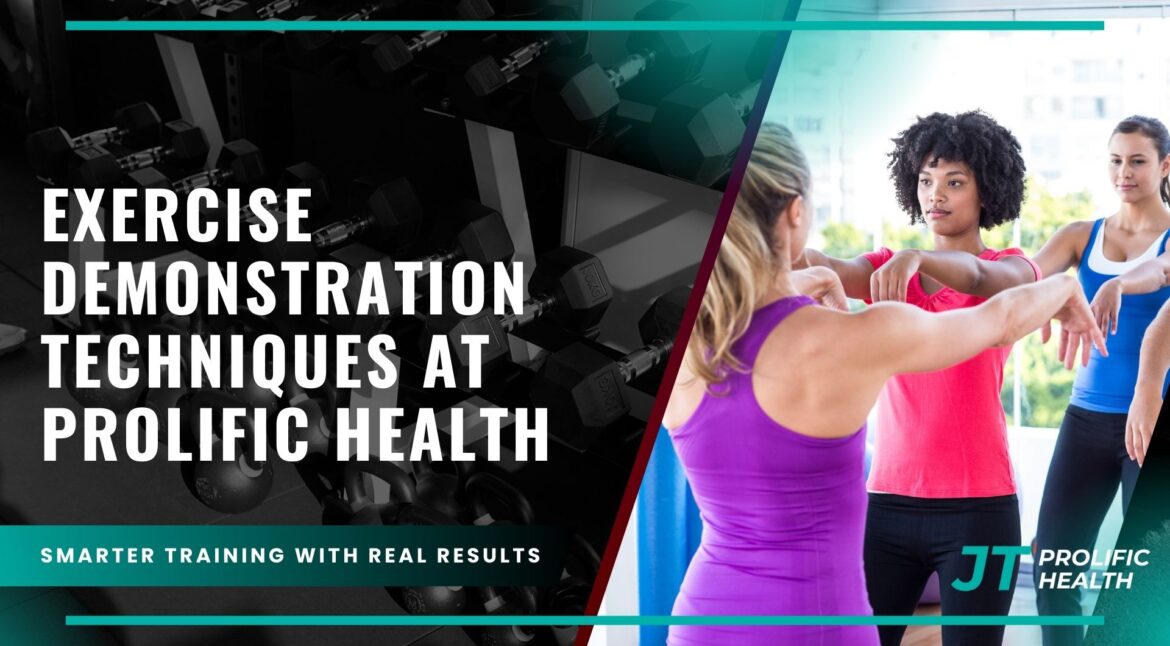 Exercise demonstration techniques at Prolific Health featuring diverse individuals engaged in training, showcasing proper form and technique with dumbbells in a fitness environment.