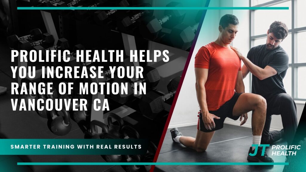 Man in red shirt performing a lunge with personal trainer assisting, gym setting with weights in background, promoting Prolific Health's services to improve range of motion in Vancouver, CA.