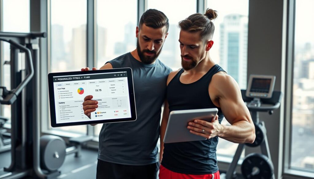 A brightly lit gym interior with a personal trainer standing next to a client, both examining a tablet displaying a personalized fitness plan. The plan is displayed prominently, showcasing custom workout routines, dietary guidelines, and progress tracking metrics. The trainer is gesturing animatedly, discussing the plan with the client, who is leaning in attentively. The background features state-of-the-art fitness equipment and a large window overlooking an urban cityscape. The overall mood is one of collaboration, personalization, and a commitment to the client's health and wellness goals.