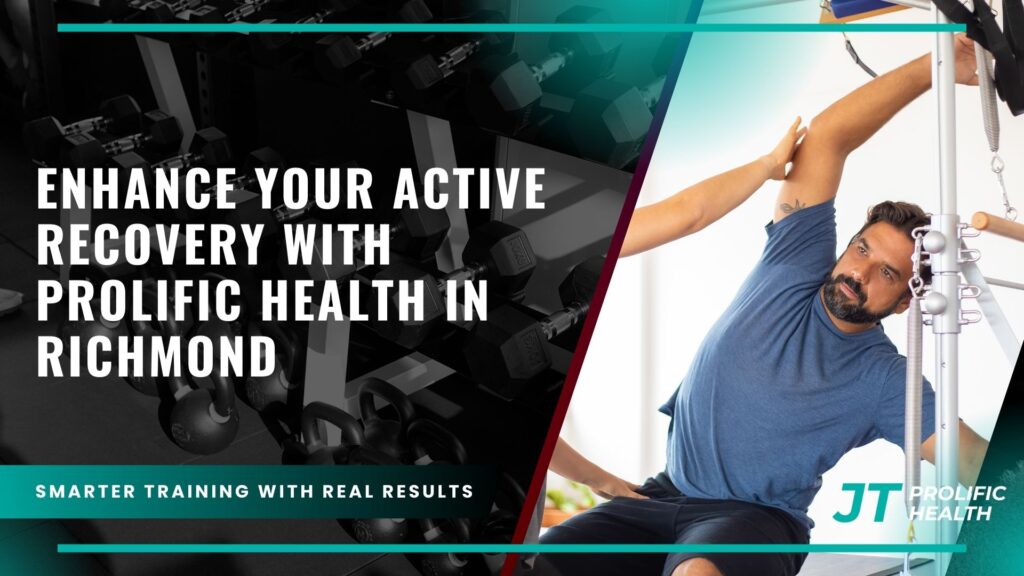Man performing an active recovery stretch with Prolific Health branding, surrounded by gym equipment, emphasizing personalized fitness and recovery strategies in Richmond.