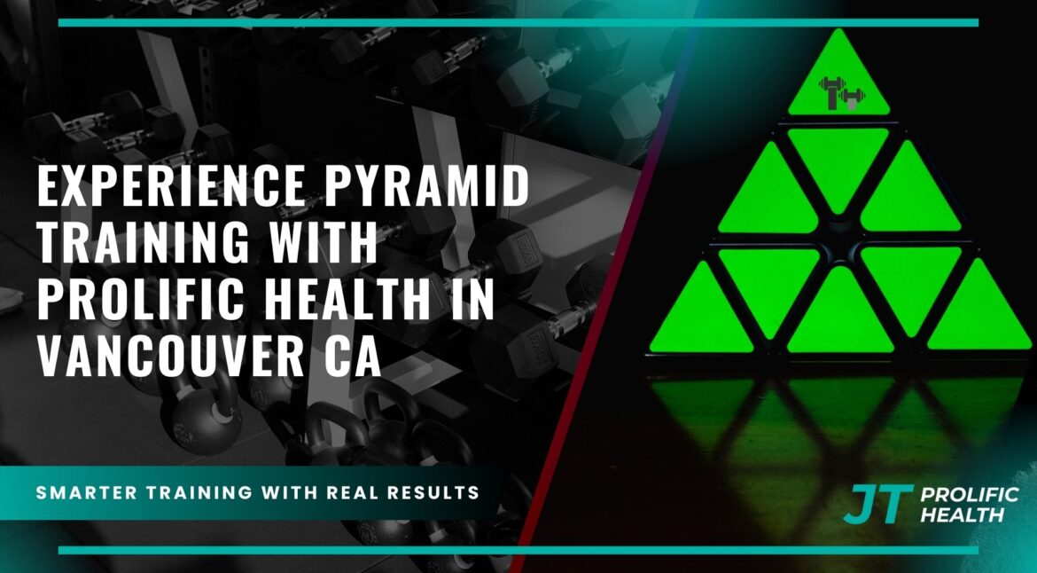 Experience Pyramid Training with Prolific Health in Vancouver, featuring dumbbells and a vibrant green training pyramid logo, emphasizing effective exercise techniques.