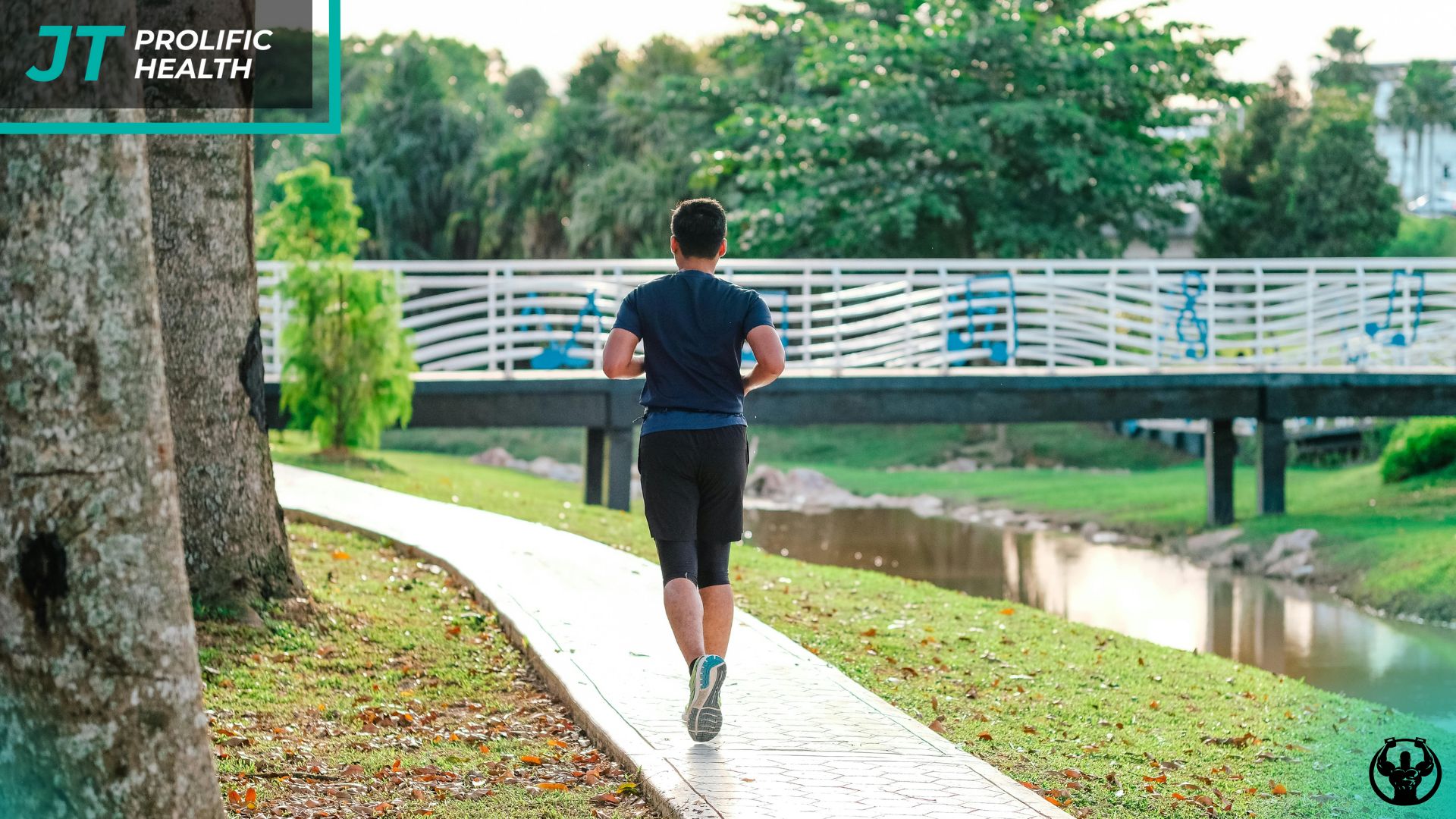 Man jogging along a scenic pathway in Richmond or Vancouver, surrounded by greenery and a bridge, emphasizing community-driven wellness and outdoor physical activity.