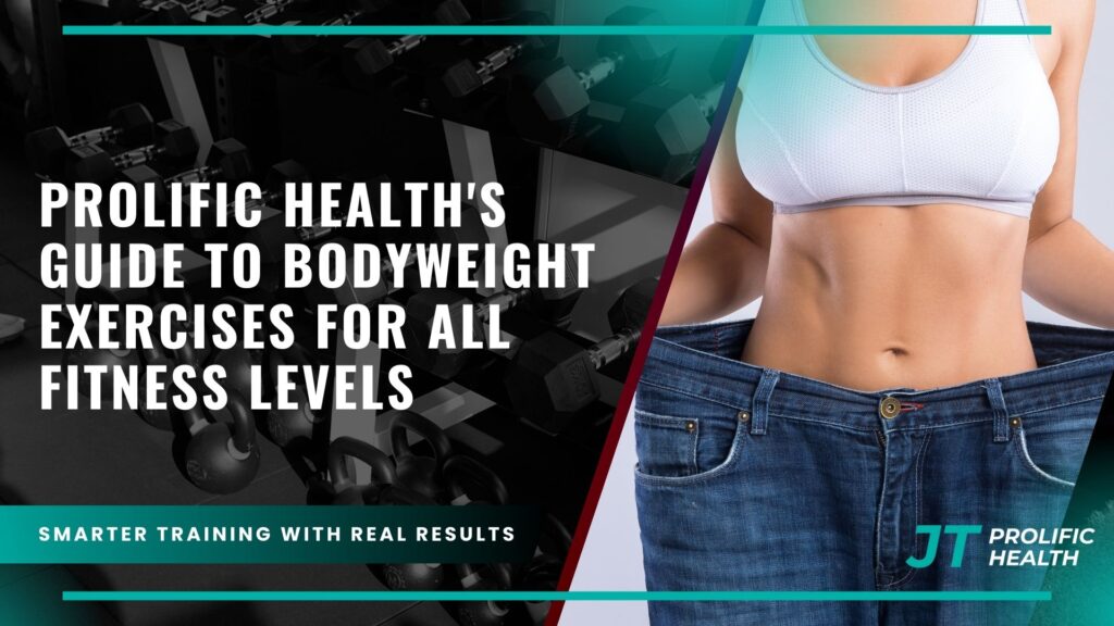 Prolific Health's guide to bodyweight exercises featuring a fit person holding oversized jeans, symbolizing fitness transformation and adaptability for all fitness levels, with gym equipment in the background.