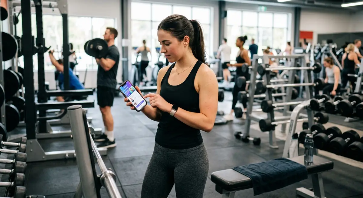 A busy professional checking their customized workout program on a smartphone app while at the gym