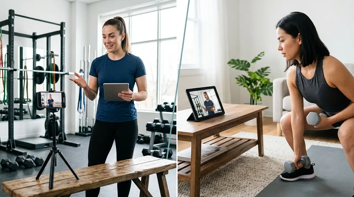 A split screen showing a fitness coach recording a video message and a client watching the form correction on their tablet
