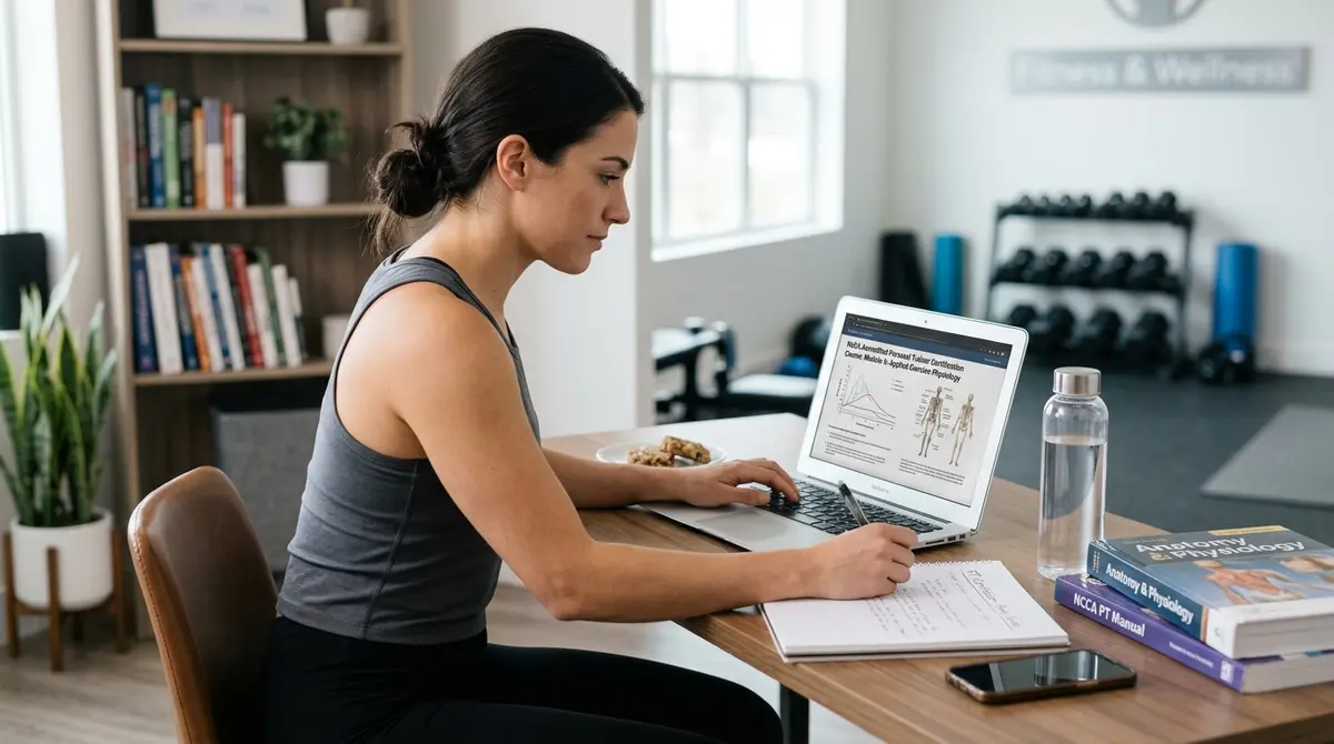 Fitness professional studying for NCCA accredited personal training certification on a laptop