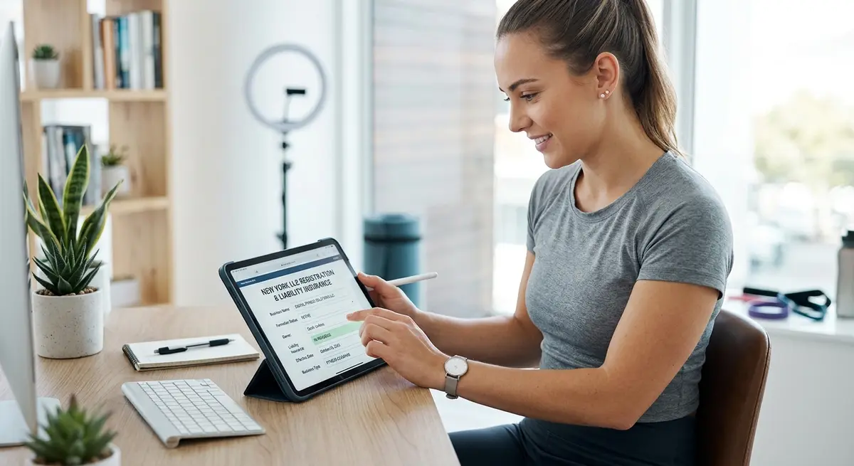Digital fitness coach setting up LLC business structure and liability insurance on a tablet