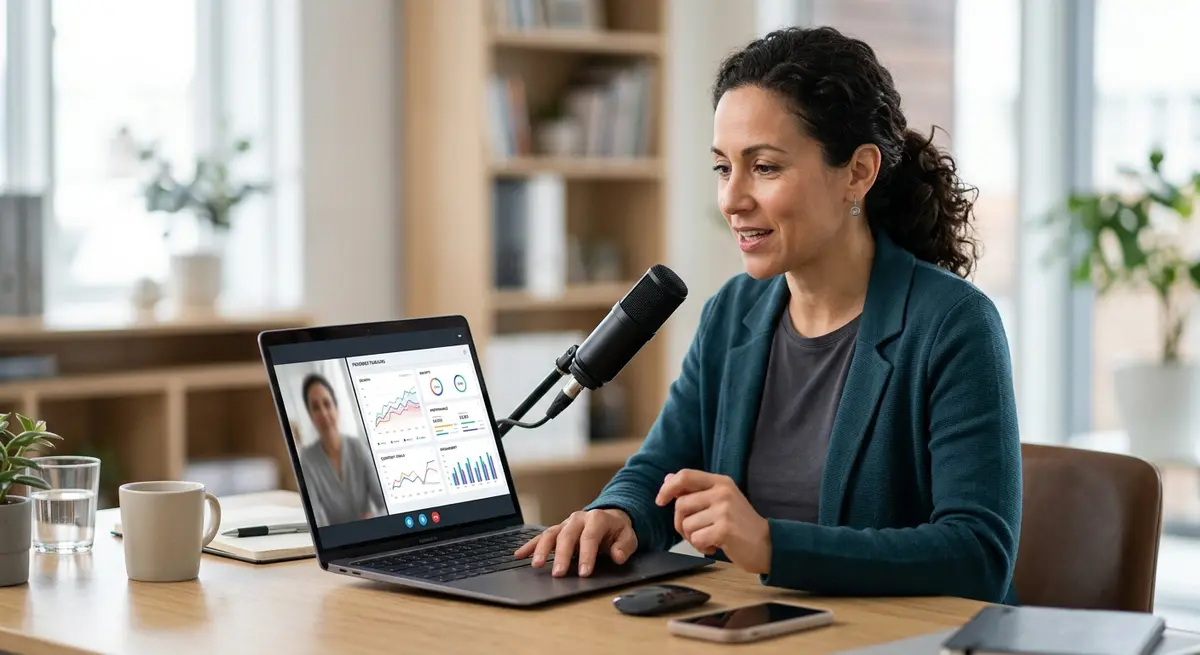 A professional coach conducting a virtual consultation on a laptop with data charts visible