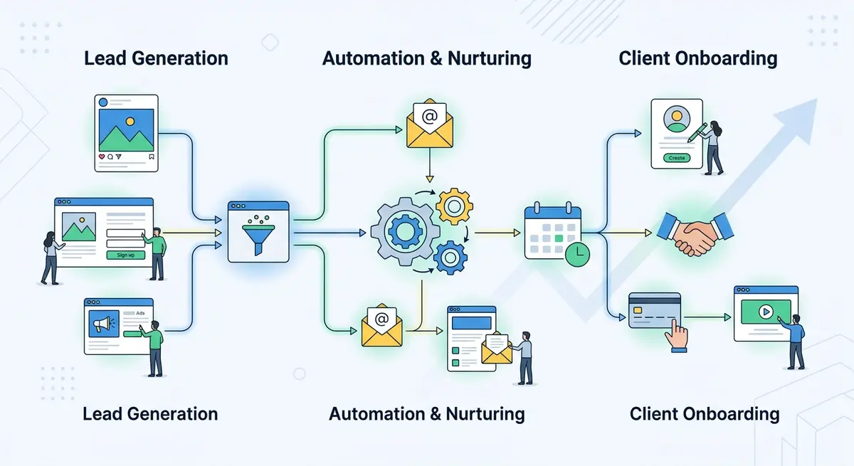 A diagram showing the automated workflow of an online coaching business from lead generation to client onboarding