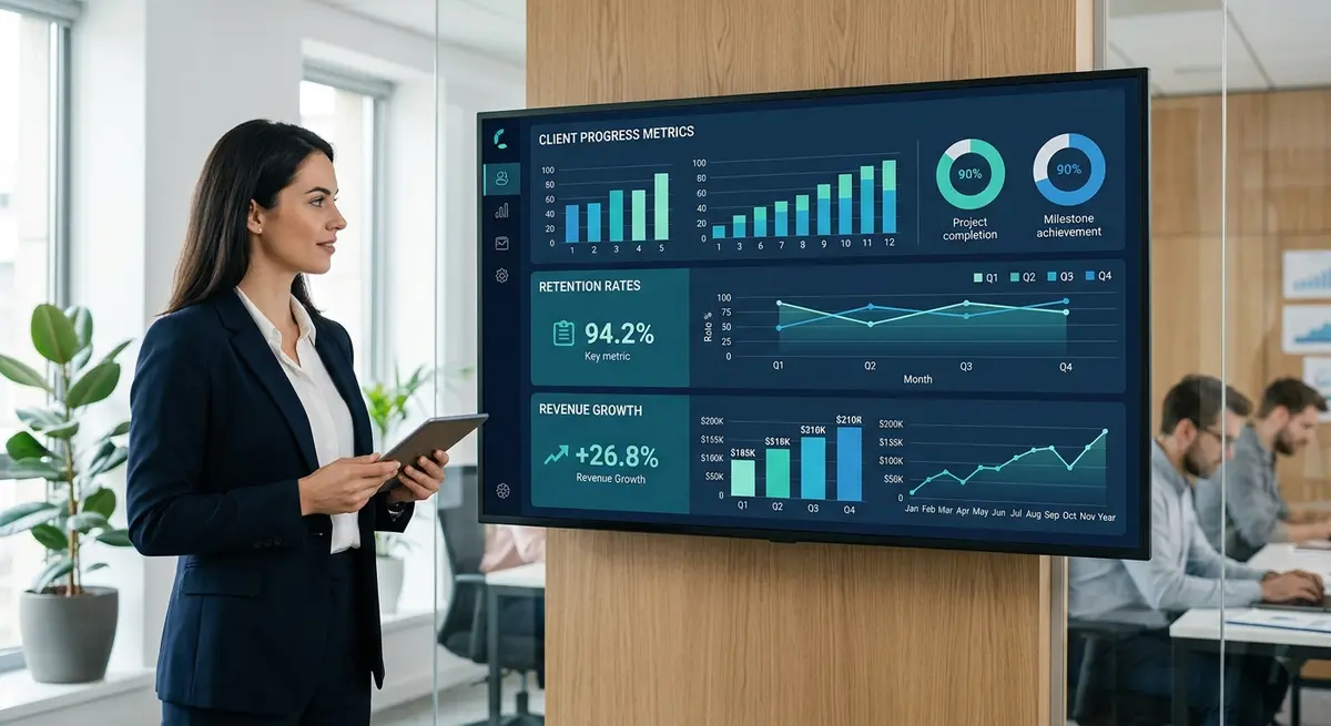 A digital dashboard showing client progress metrics, retention rates, and revenue growth