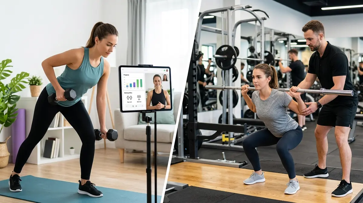 Comparison of online fitness coaching app interface versus an in-person gym session