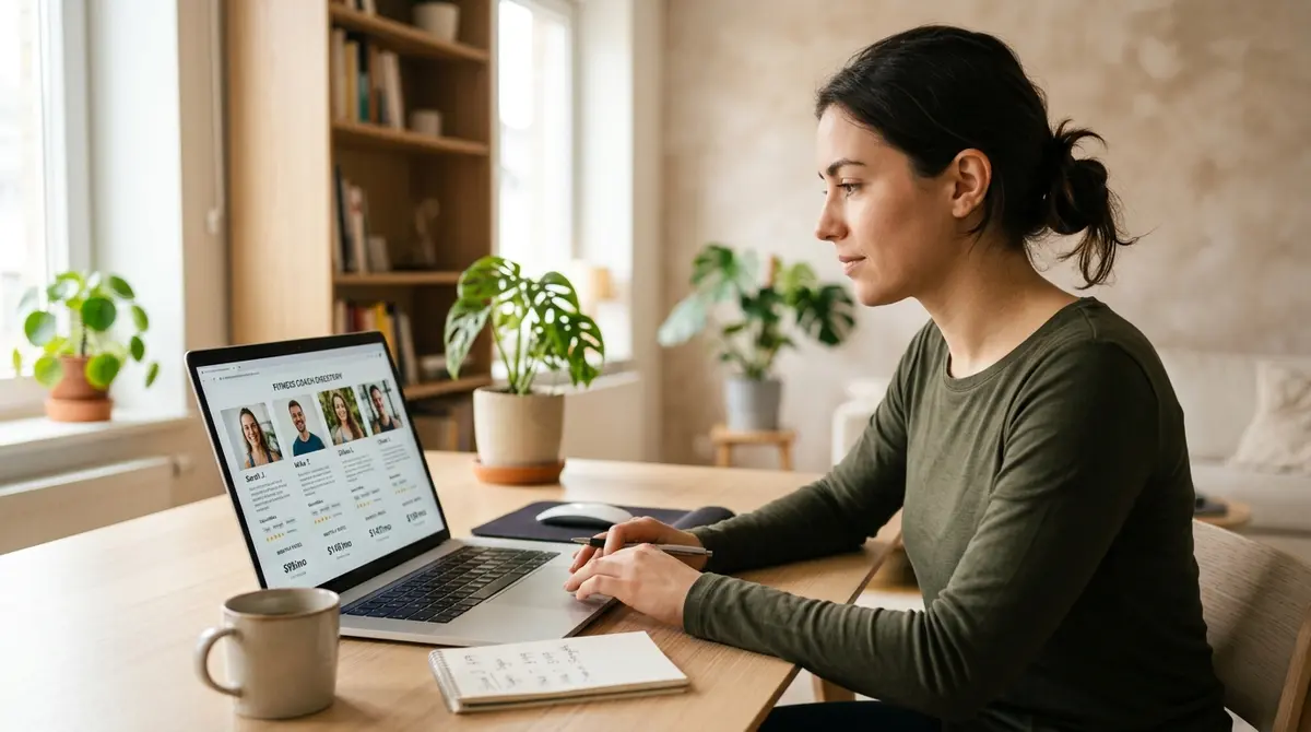 A person reviewing fitness coach profiles and pricing on a laptop