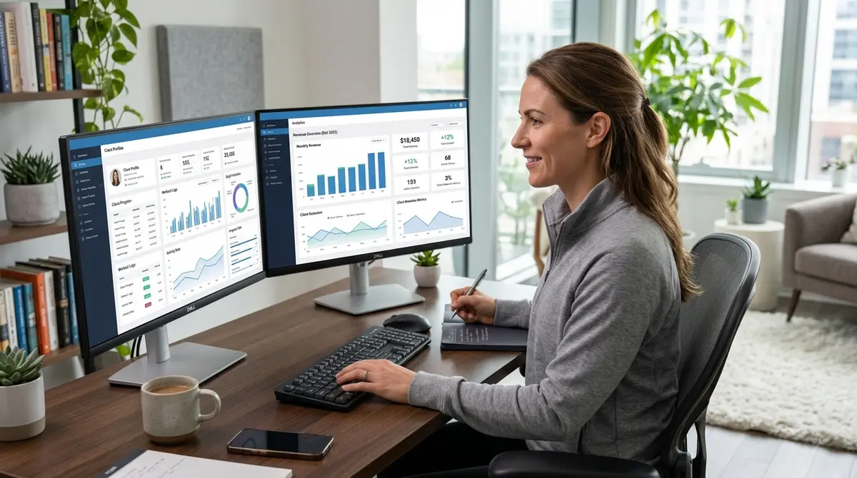 A digital fitness coach reviewing client data and revenue metrics on a dual-monitor setup in a modern home office