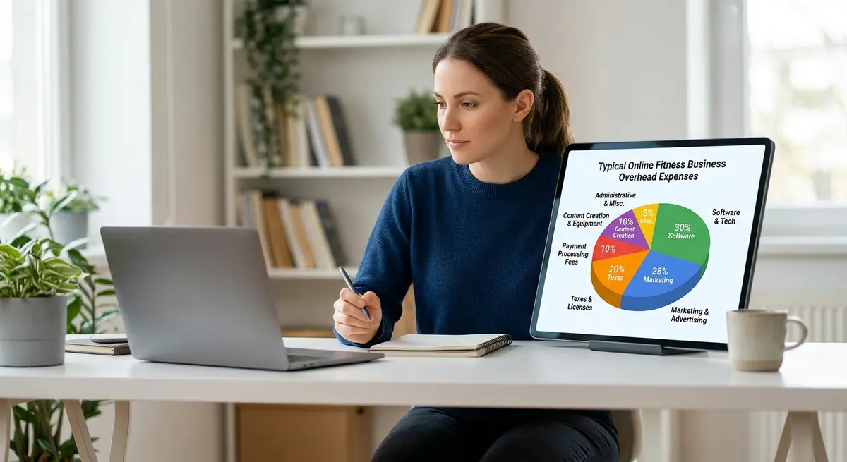 A pie chart illustrating the typical overhead expenses of an online fitness business including software, taxes, and marketing