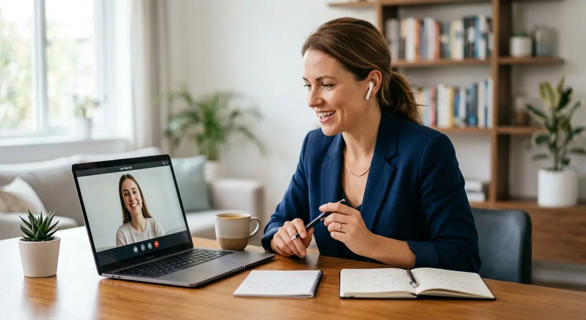 A professional digital coach conducting a video consultation with a client on a laptop