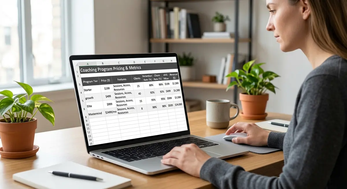 A detailed spreadsheet showing coaching program pricing tiers and client retention metrics