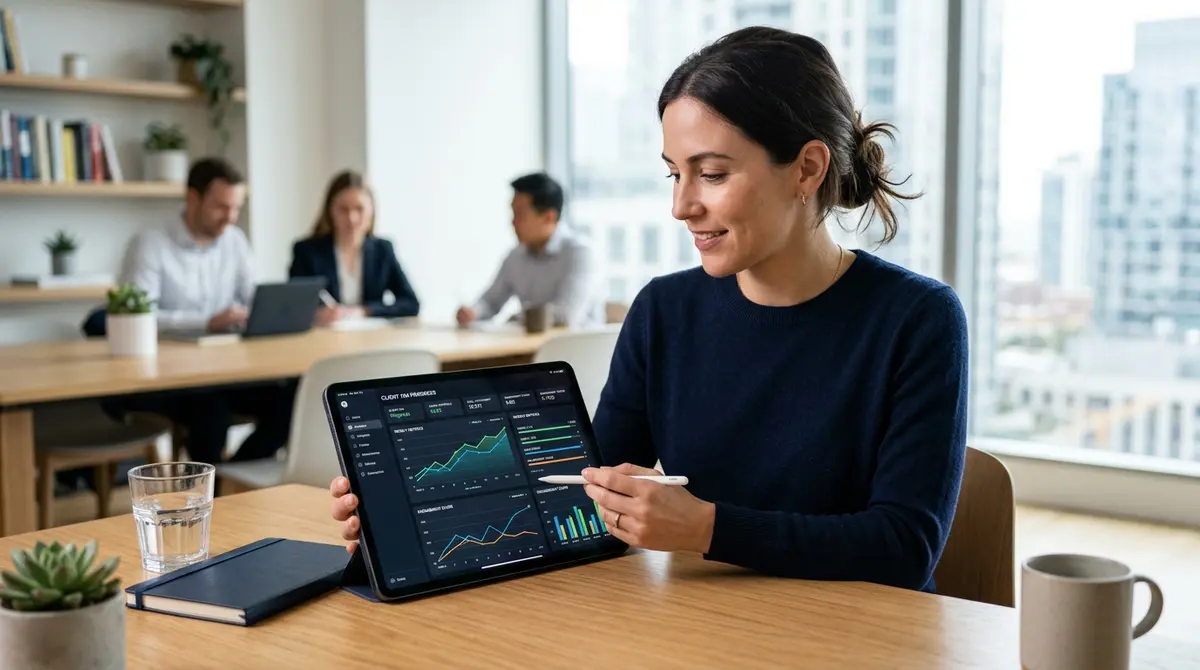 A digital coach reviewing client progress analytics on a tablet device