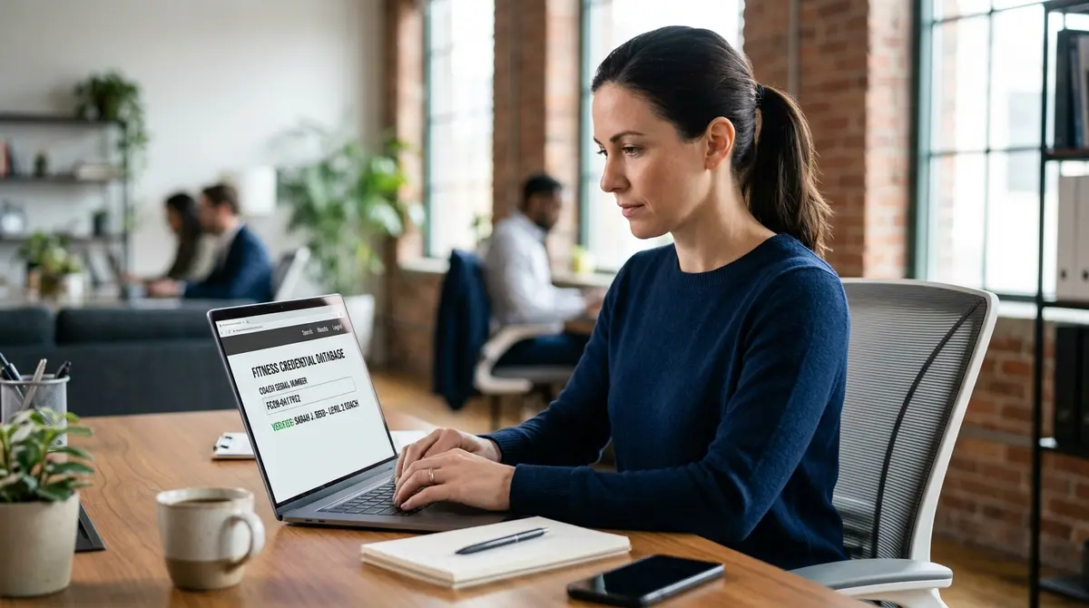 A person using a laptop to check a coach serial number online through a fitness credential database